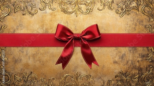 Elegant Red Ribbon and Gold Patterned Gift Wrap with Ornate Flourishes