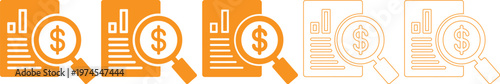 Orange and white icons of documents with magnifying glass and dollar sign on transparent background for business and finance concepts  financial analysis and accounting