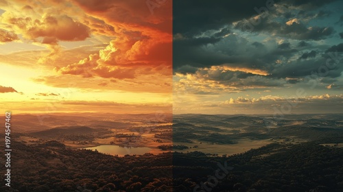 Dramatic Sky Contrast: A Split View of a Golden Sunset and a Dark Stormy Sky Over Rolling Hills