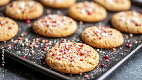 Festive holiday cookies adorned with colorful sprinkles sit on a dark baking tray with soft shadows and warm light