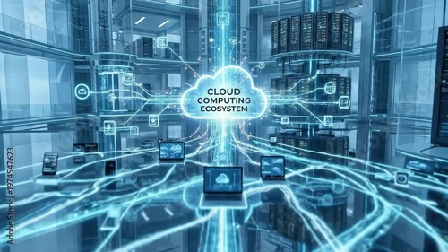 A conceptual cloud computing ecosystem visualized as interconnected devices and servers, glowing pathways linking laptops, smartphones, and data centers, clean digital environment with soft blue
