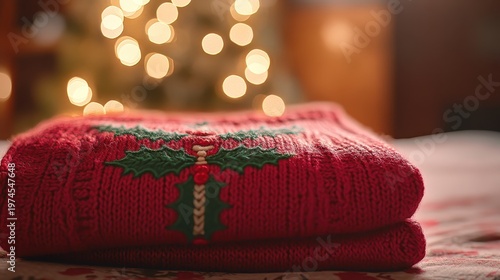 Festive red Christmas sweater with green holly design folded neatly indoors with bokeh lights