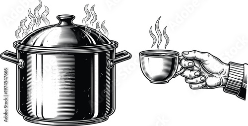 Vintage Engraving Style Cooking Pot and Hot Beverage Cup Illustration with Steam, Hand Drawn Kitchen Utensils Vector Design for Culinary, Food and Retro Design Projects
