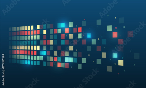 Abstract big data visualization with colorful pixel blocks and binary digits on a dark background, symbolizing data flow, analytics, and digital transformation.
