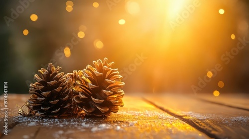 Frosted pinecones arranged on a rustic wooden table with warm, golden Christmas lighting and bokeh effect, creating a festive winter atmosphere.