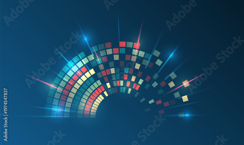 Abstract digital arc of colorful data blocks with glowing effects on dark blue background, symbolizing big data, analytics, technology flow, and modern information processing.