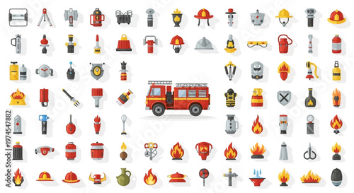 Firefighter Equipment Icons and Fire Truck Collection: Safety and Emergency Services
