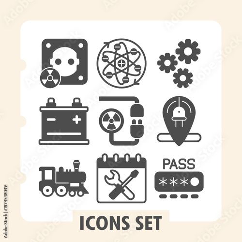 Electricity socket, accumulator, train icons, collection illustrating concepts such as warning, science, energy, transport, maintenance and security. Set of nine glyph icons on white background.