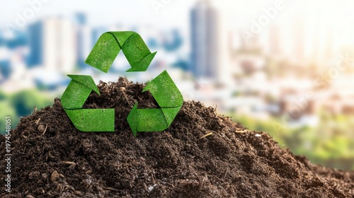 Green recycling symbols on rich soil with urban city skyline background symbolizing sustainability and environmental consciousness