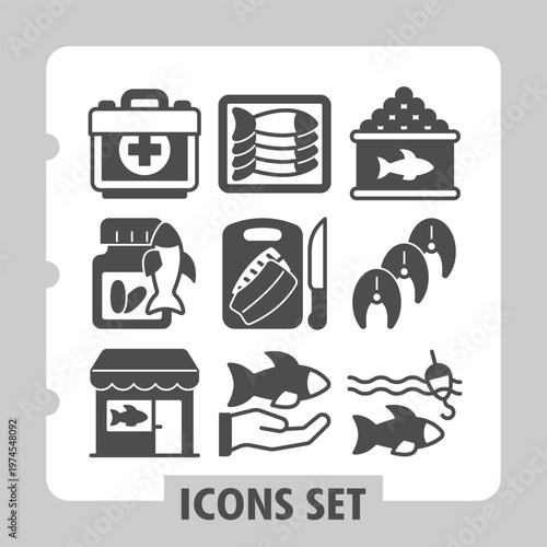 First aid kit, fish pills, fishery shop icons, collection illustrating concepts such as seafood industry, healthcare, processing and market commerce. Set of nine glyph icons on white background.