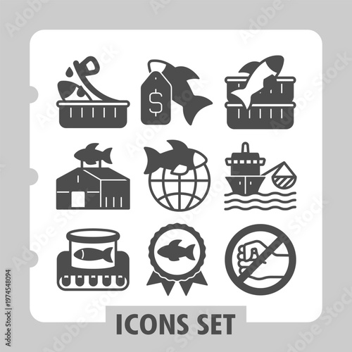 Canned fish, warehouse, fish conveyor icons, collection illustrating concepts such as seafood, global trade, market sales, production and consumption. Set of nine glyph icons on white background.