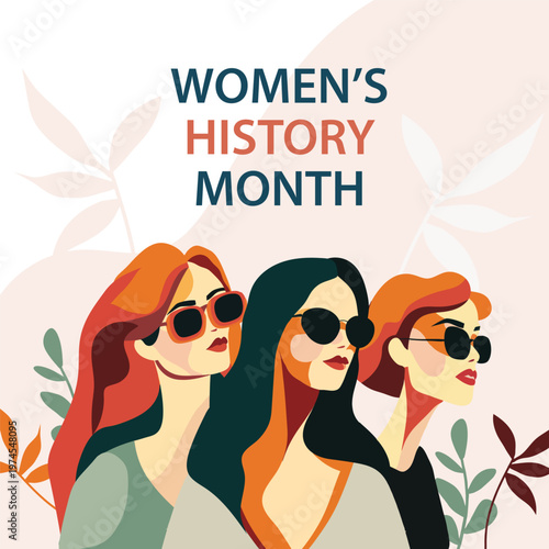 Women’s History Month illustration with diverse women portraits, empowerment concept