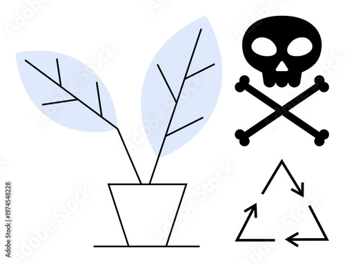 Environmental awareness, pollution, toxic substances, plant safety, waste management, eco-friendly practices. A plant, skull with crossbones and recycling icon. Environmental awareness and pollution