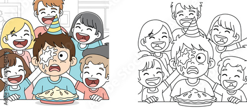 Funny Birthday Party Prank Illustration and Coloring Page for Kids with a Boy Getting Whipped Cream on Face and Friends Laughing Set of Colored and Black and White Line Art Drawing Vector