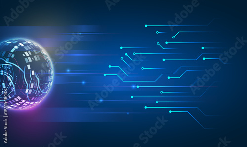 Futuristic digital globe with glowing circuit lines and data streams on a blue background, representing global connectivity, data exchange, and advanced technology networks.