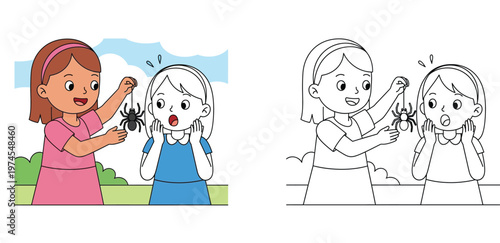 Girl Pranking Her Friend with a Toy Spider Cartoon Vector Illustration