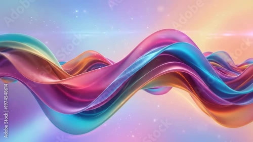 Colorful abstract shapes flow across a bright digital background with smooth gradients and soft curves, luminous highlights enhancing depth and harmony, cinematic lighting emphasizing vibrancy and