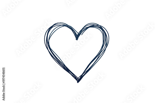 Hand drawing navy blue scribbled heart outline, illustrating love, romance, and care concept on transparent background