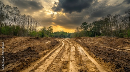 Muddy construction road carved through a damaged forest landscape under a stormy sky