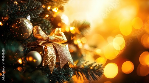 Golden Christmas Gifts Under a Decorated Tree with Festive Sparkle and Warm Lights