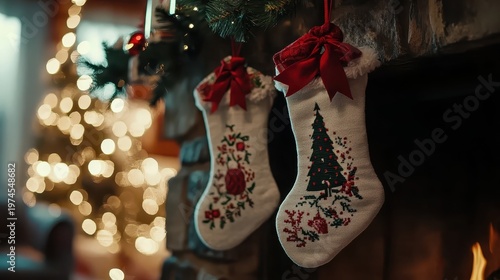 Embroidered Christmas Stockings Hanging from Stone Fireplace with Cozy Ambiance and Soft Lighting