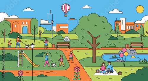 A colorful cartoon image of a park with people and a pool isolated on transparent background, isolated on white background, Vector