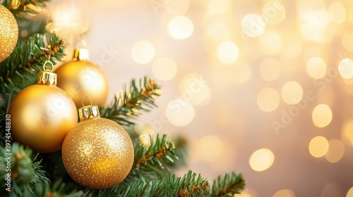 Golden Christmas Tree Ornaments and Soft Bokeh Lights on a Rustic Background, Evoking Festive Warmth and Holiday Cheer