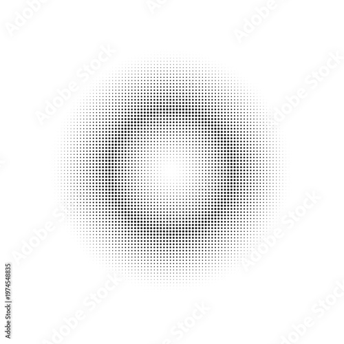 Vector halftone radial dot pattern in a circle. Monochrome geometric element for retro pop art, modern backgrounds, and technical designs. Isolated circular texture for print and digital overlays.