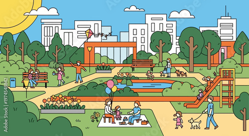 A colorful cartoon image of a park with people and a pool isolated on transparent background, isolated on white background, Vector