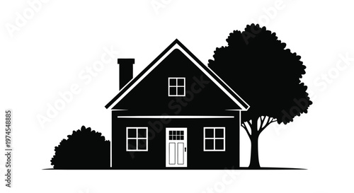 Minimalist vector illustration of a cozy cottage house featuring a decorative tree and some small garden bushes