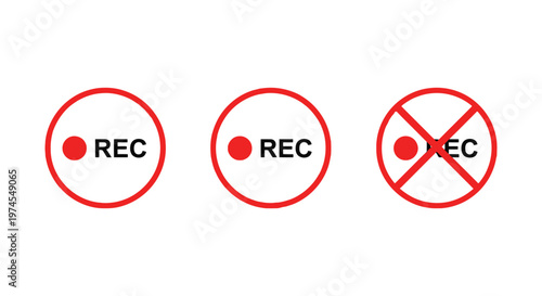 Vector illustration of recording status indicators showing active and disabled recording states for multimedia applications and user interfaces.