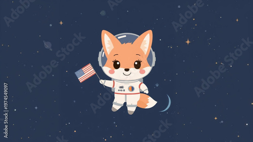 A cute cartoon fox in a white astronaut suit floating in space holding american flag