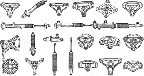 Black and White Line Art of Automotive Steering Components and Suspension Parts