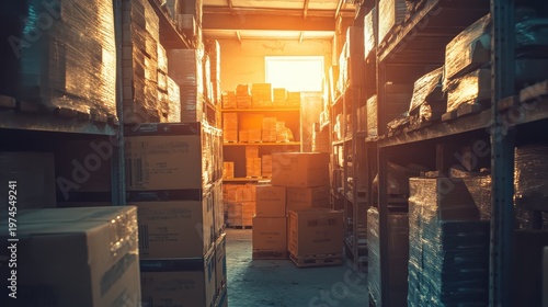 Heaps of Unsold Goods Filling a Vast Retail Warehouse Aisle with Sunlight Streaming In