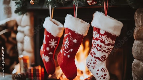 Festive Christmas stockings filled with treats and presents hanging by a warm, inviting fireplace
