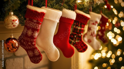 Festive Christmas stockings in traditional red and white designs hanging from a cozy mantelpiece with warm, soft lighting.