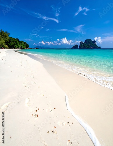 A pristine white sand beach meets turquoise waters under a bright blue sky. Lush vegetation frames the idyllic coastal scene