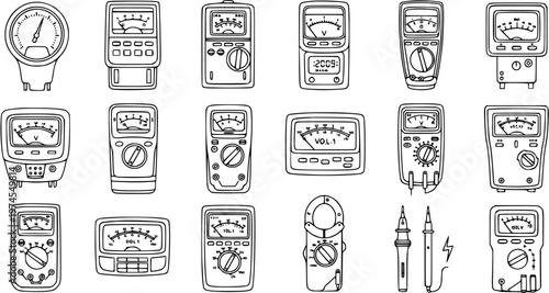 Black and White Line Art Icons of Various Electric Meters and Multimeters for Technology and Engineering