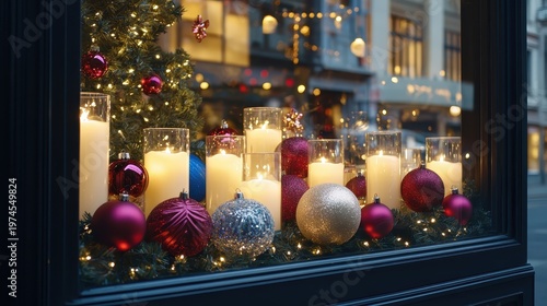 Festive Christmas Window Display Featuring Glowing Candles and Sparkling Ornaments with Vibrant Colors