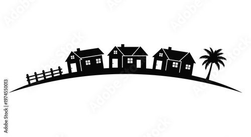 Black and white vector graphic illustration featuring a charming neighborhood with three houses and a palm tree.