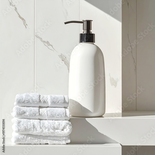 A pristine white soap dispenser and folded towels sit on a ledge against a marble tiled wall, bathed in sunlight