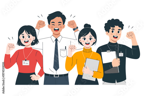 Team of business professionals celebrating success with raised fists business professionals celebrating achievement colleagues energetic motivated enthusiastic determination accomplishment