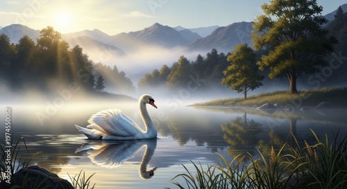 Tranquil scene Swan on a misty lake at sunrise with mountains in the distance