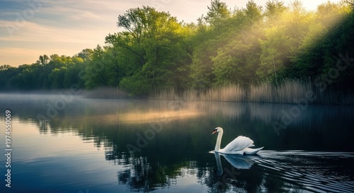 Tranquil scene swan glides on lake, morning sun breaks through trees