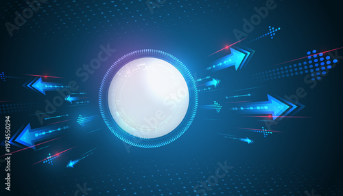 Futuristic abstract background with glowing sphere and directional arrows, symbolizing data exchange, communication, and digital flow in modern technology systems.