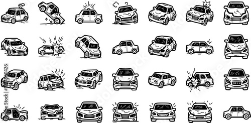 Automotive Car Accidents and Vehicles Line Art Doodle Set. Hand-drawn Black and White Icons of Crashes, Auto Repair, and Transportation for the Car Industry.