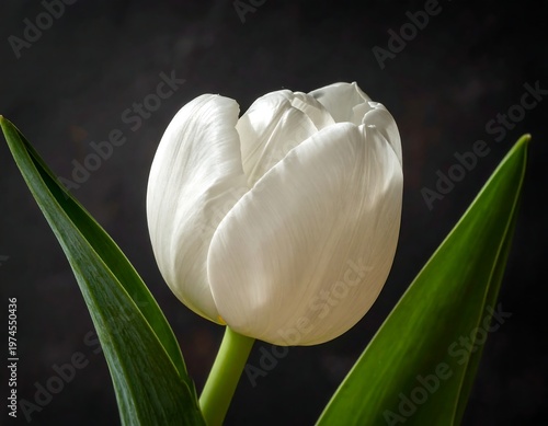 A pristine white tulip, fully bloomed, stands against a textured, dark background. Two vibrant green leaves frame the delicate petals