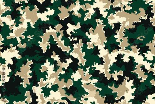 a camouflage pattern with earth tones and green, designed for military or outdoor activities. Hunting Camouflage pattern.