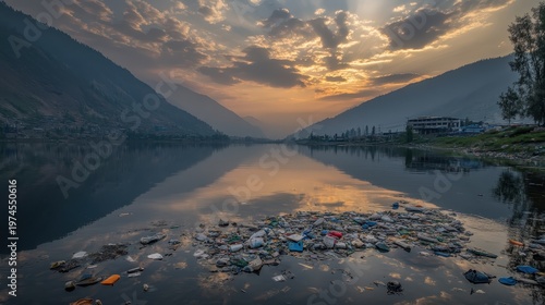 Floating trash accumulation on the surface of a polluted lake at sunset, reflecting dramatic clouds and mountain landscape