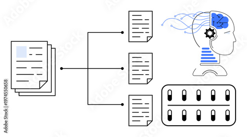 AI technology, data processing, automation workflow, machine learning, decision making, innovation. Human head with circuits, flowing data documents and system outputs. AI technology and data